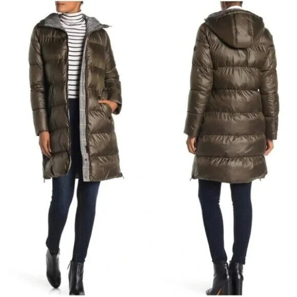 French Connection Hooded Puffer‎ Coat Black Front Zip & Snap Pockets Size Large